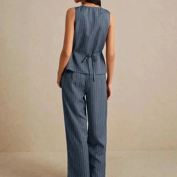 Gray Casual Women's Summer Old Money Striped Tank Top And Pants Set - Picture 8 of 8